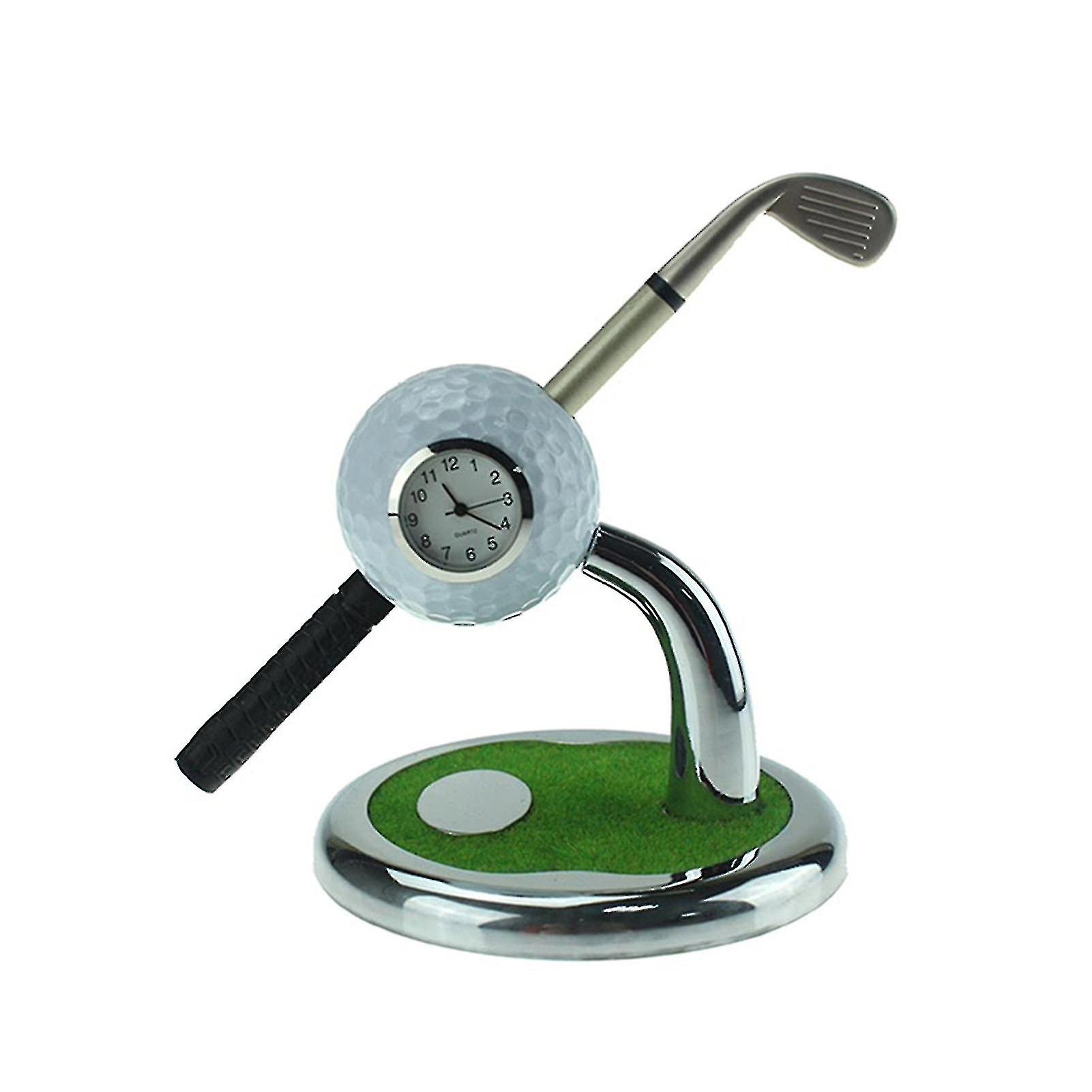 club de golf de pluma con una pelota y un reloj